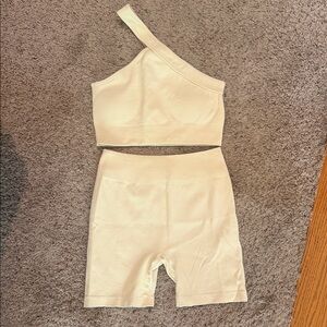 One-Shoulder Ribbed Crop Top & High-Waist Bike Shorts Set - Cream